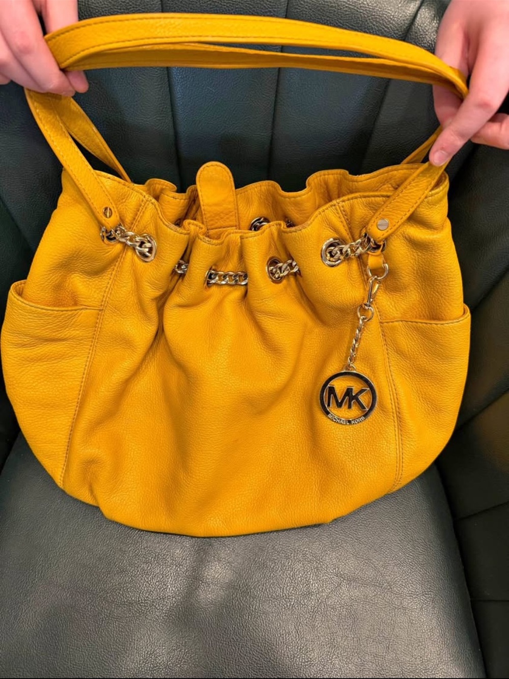 Michael Kors Mustard Yellow Pebble Leather Drawstring Shoulder Bag